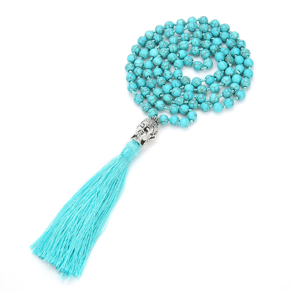 6/8mm Blue Turquoise Beads Knotted 108 Japa Mala Necklace