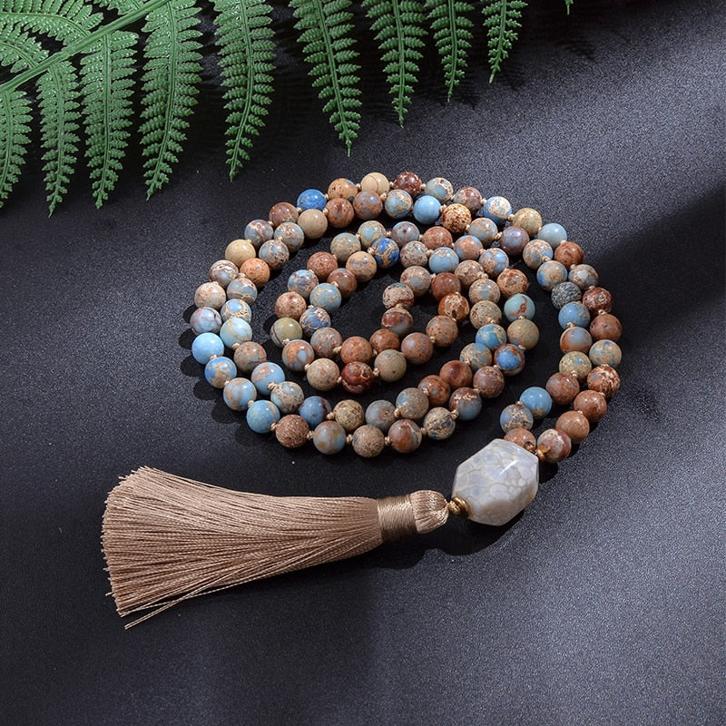 8mm Emperor Jasper Beaded Knotted Japamala Necklace Meditation Yoga Blessing Jewelry Set