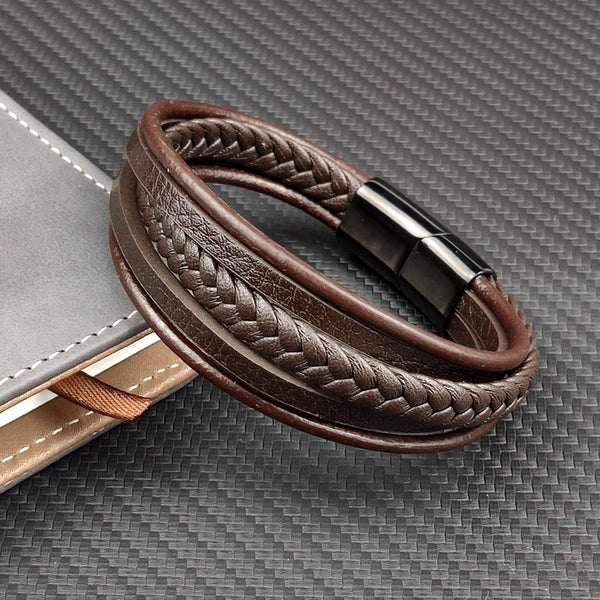 Men Woven Multi-layer Coffee-colored Leather Homme Stainless Steel Bracelet