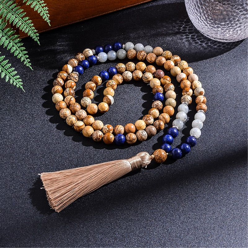 8mm Picture Jasper Lapis Lazuli Labradorite Japamala Beaded Necklace