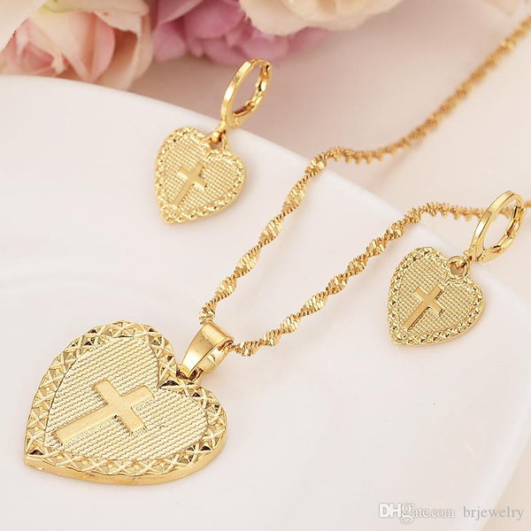 gold heart cross Pendant Necklace sweaterchain Earrings sets