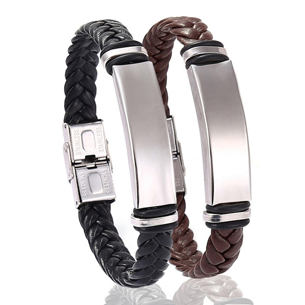 Fashion Bracelet Black Leather Bracelets Bangles Stainless Steel Bracelets