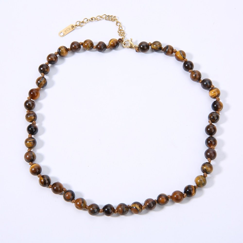 6mm Amazonite Tiger Eye Bloodstone Beaded Knotted Neck Necklace Women