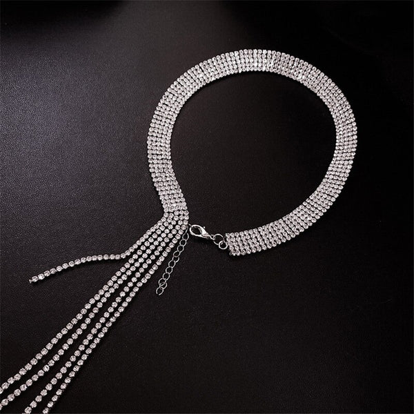 Full Rhinestones Choker Necklaces for Women Long Tassel Crystal Necklaces