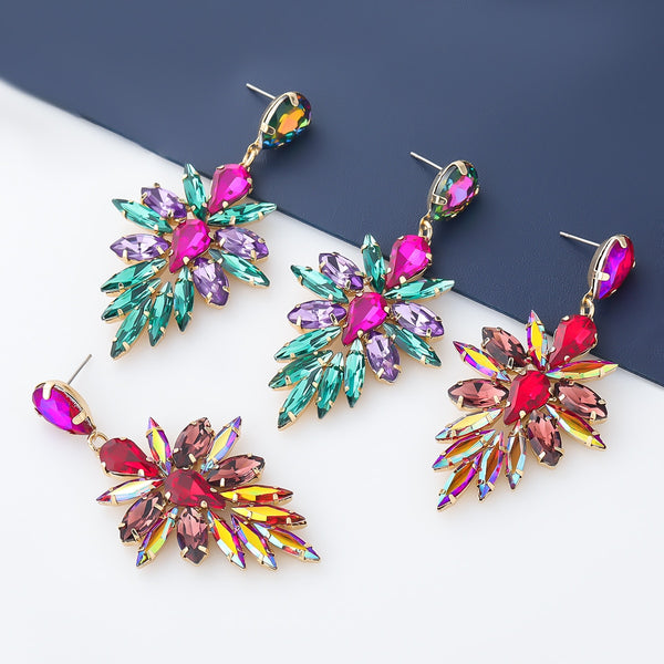 Fashion Metal Rhinestone Glass Flower Earrings Women