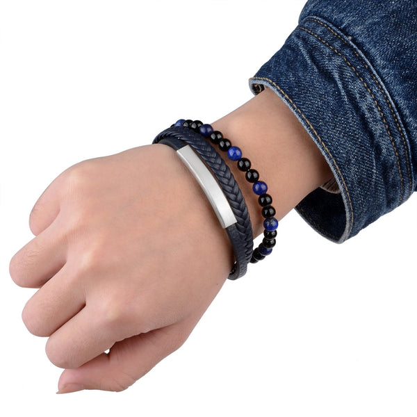 Fashion Natural Stone Beads Bracelet Multilayer Genuine Leather Braided Bracelet