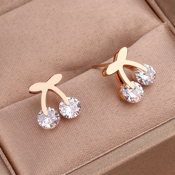 Trendy Rose Gold Stainless Steel Love Cherry Wedding Earrings For Women