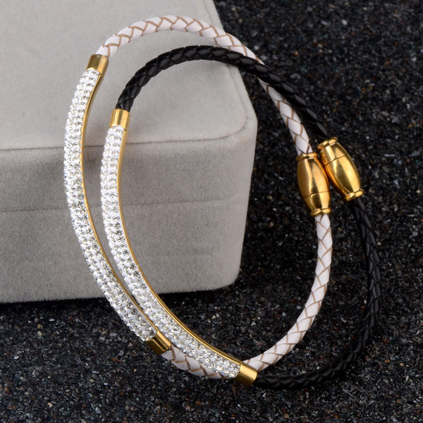 Stainless Steel  Leather Bracelet Rhinestone Setting Crystal Bangle Magnetic Clasp