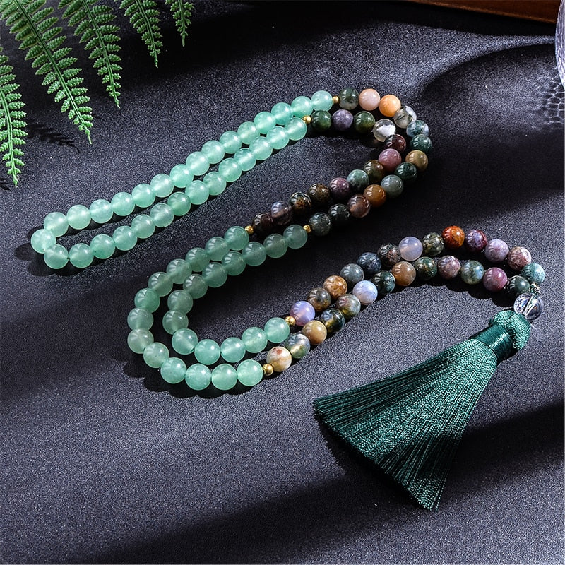 8mm Indian Agate Green Aventurine 108 Beads Japamala Necklace Bracelet Set