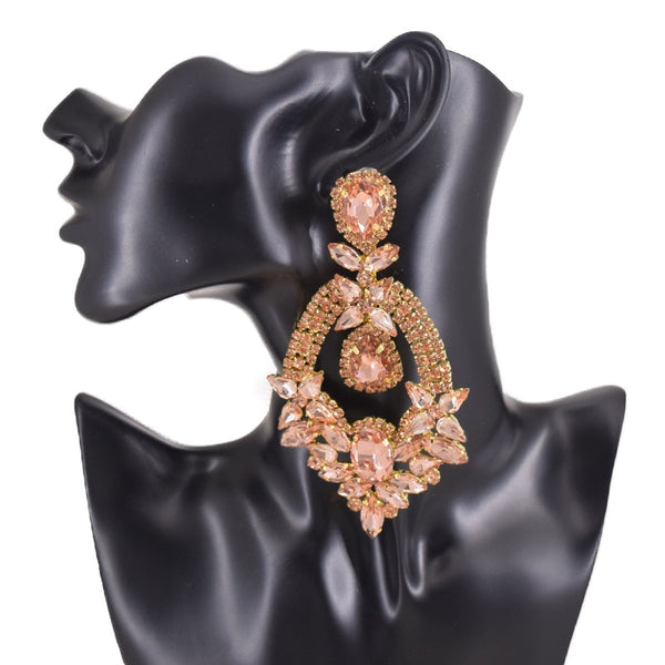 4.5 Gold Crystal AB Statement Earrings Rhinestones Drag Queen Pageant Fashion Women