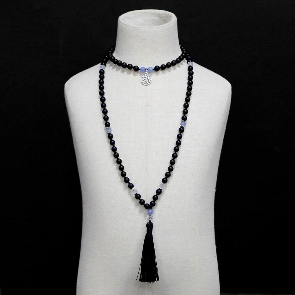 Matte Black Onyx Moonstone Knotted Beads 108 Mala Fashion Menand Women Necklace