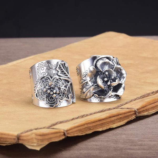 Thai silver peony flower wide version ladies ring