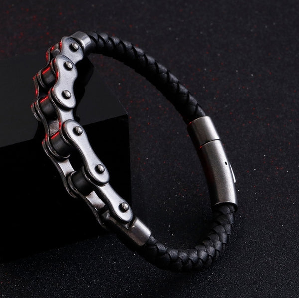 Personality Mechanical Car Chain Woven Leather Bracelet