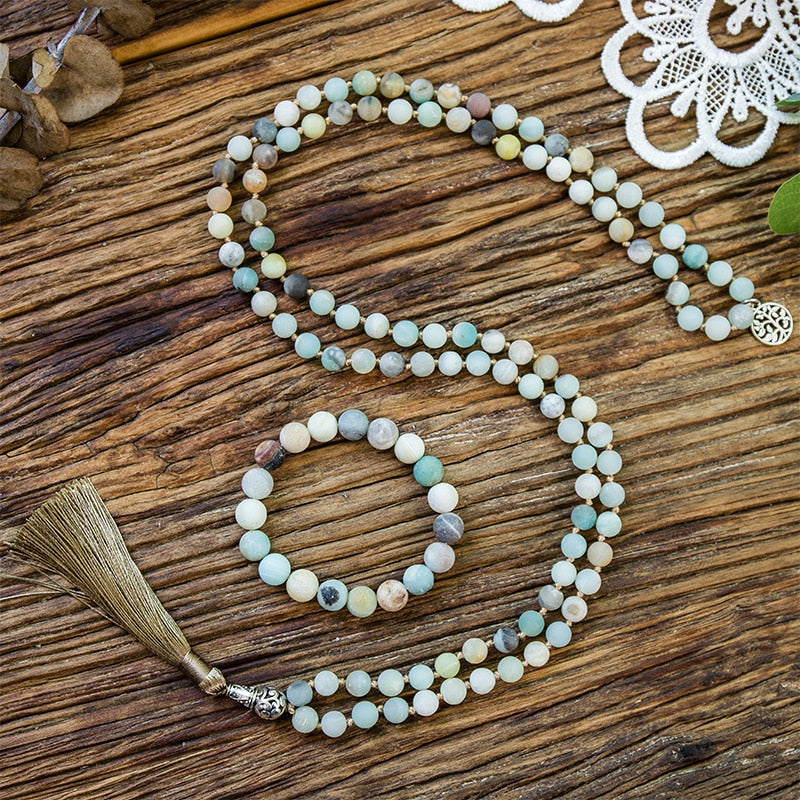 8mm Matte Amazonite Stone Beaded Knotted Necklace 108 Japa Mala Meditation Yoga Tibetan Pendent