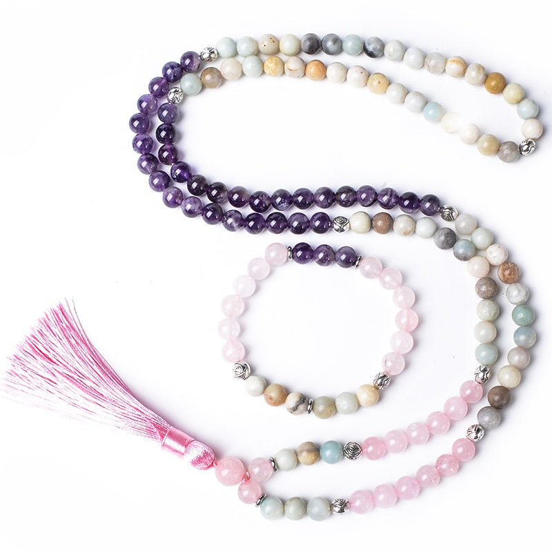 8mm Natural Amethyst Rose Quartz Amazonite Beaded Necklace