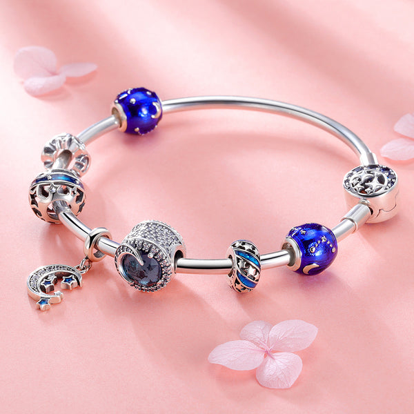 Fashion Star with Moon Charm alloy Bracelet Blue Crystal Glass Beads Bracelets