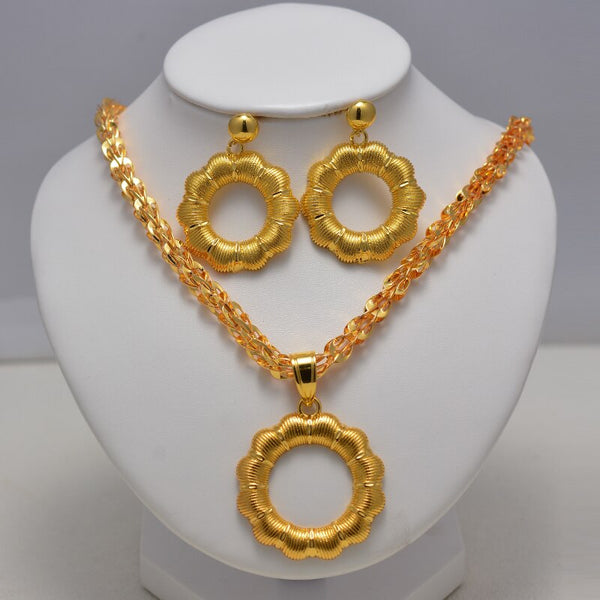 Dubai Jewelry Flower Sets for Women Gold Color Ethiopian Pendant Necklaces Earrings