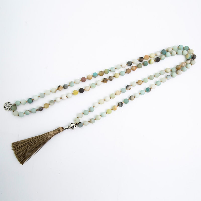 8mm Matte Amazonite Stone Beaded Knotted Necklace 108 Japa Mala Meditation Yoga Tibetan Pendent