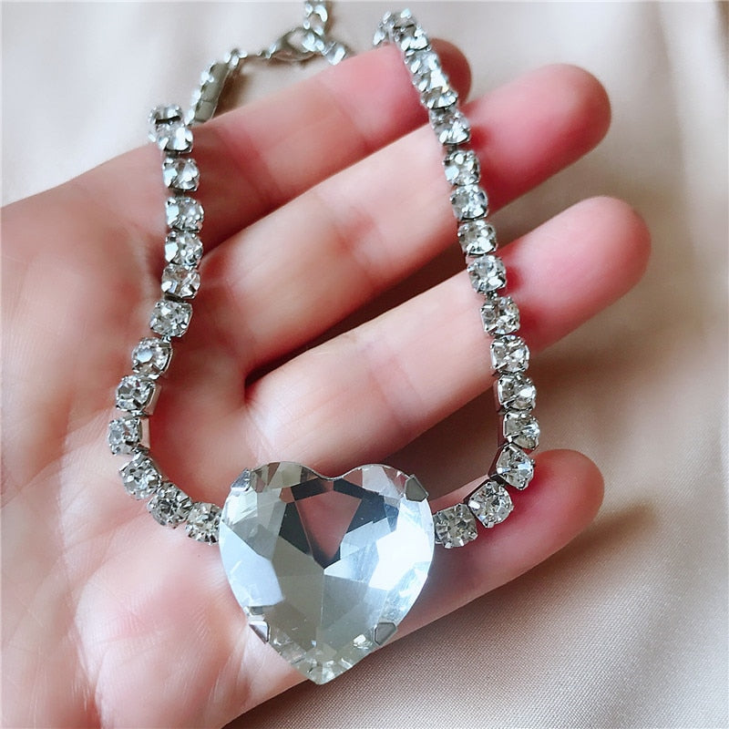 Shine Big Heart Crystal Choker Necklaces for Women Geometric Rhinestones Necklaces