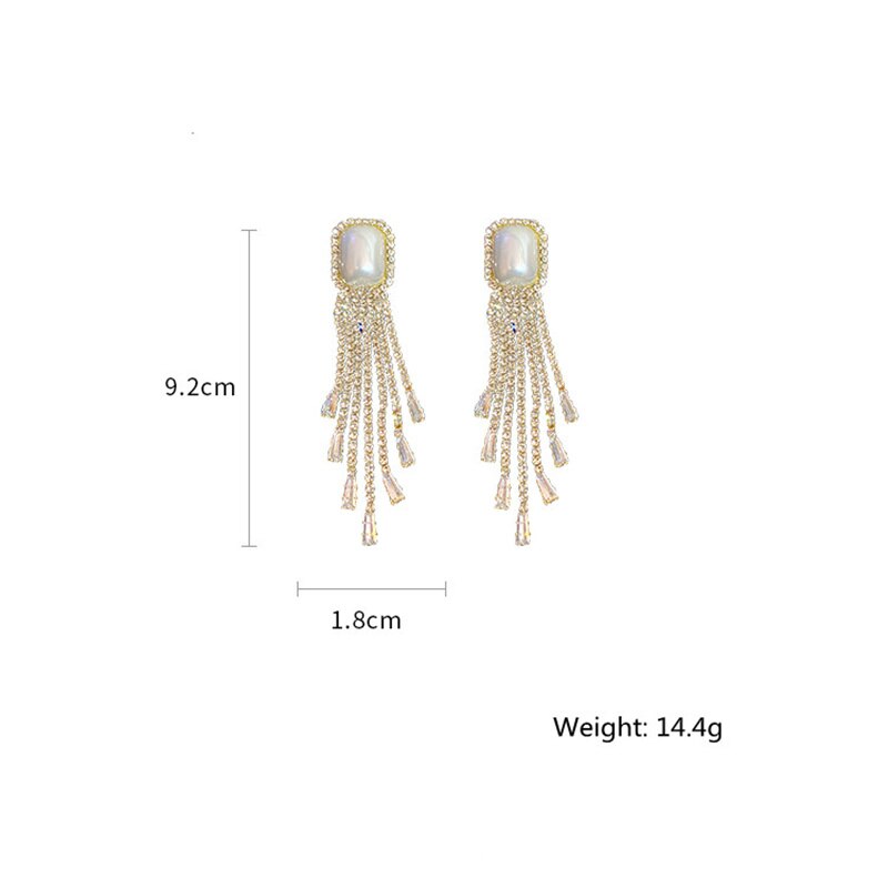 Long Tassel Full Rhinestone Drop Earrings for Women Square Pearl Dangle Earrings