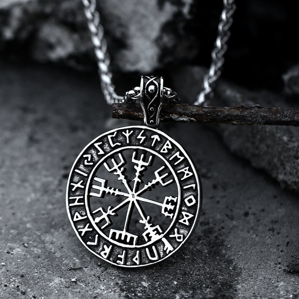 Vintage Stainless Steel Viking Compass Pendant Necklace Men