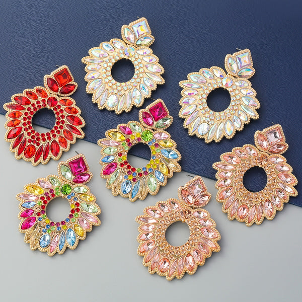 Fashion Metal Rhinestone Color Geometric Flower Earrings Women