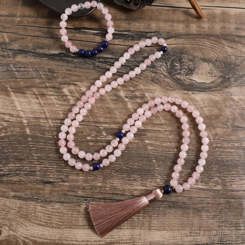 8mm Natural Rose Quartz Lapis Lazuli Necklace Sets 108 Beaded