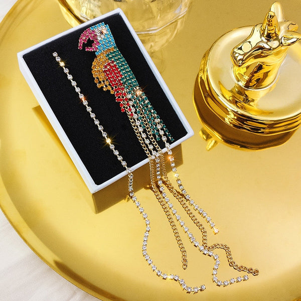 Long Tassel Crystal Asymmetry Earrings Colorful Parrot Drop Earrings  for Women