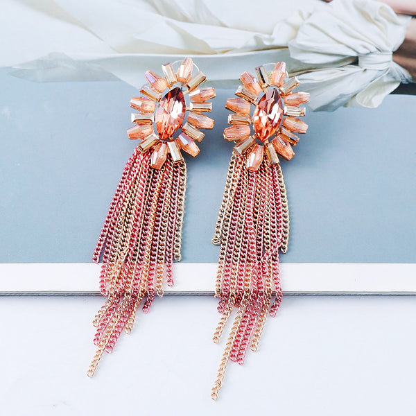 New Colorful Crystal Long Metal Chain Dangle Drop Earrings High-Quality Luxury Pink Rhinestone Earring