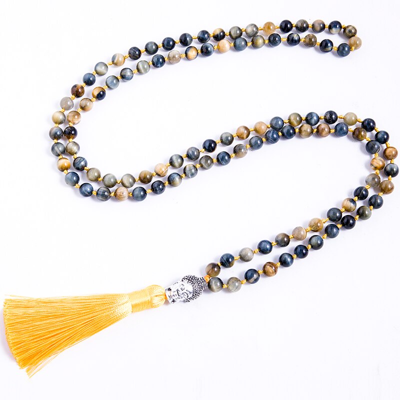 8mm Natural Dream Tiger Eye Beaded Knot 108 Japamala Necklace