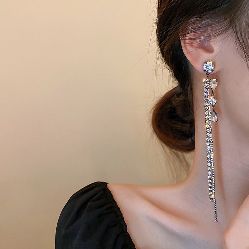 Vintage Long Tassel Rhinestone Drop Earrings for Women Water Drop Crystal Earrings