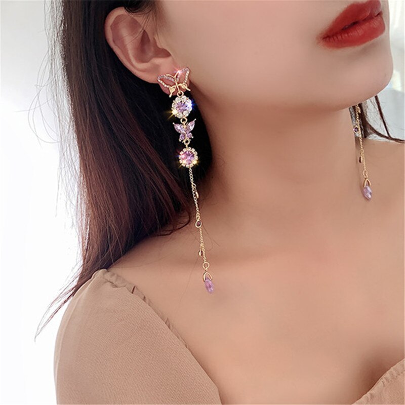 Long Tassel Beautiful Butterfly Drop Earrings for Women Purple Crystal Earrings