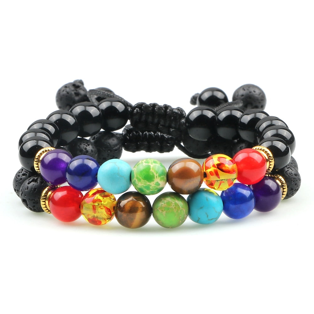 2pcs/set 7 Chakra Black Lava Beads Bracelets Natural Stone Yoga Adjustable Braided Bangle