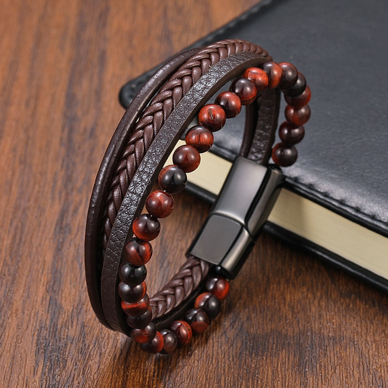 Bead Leather Tiger Eye Bracelet Men