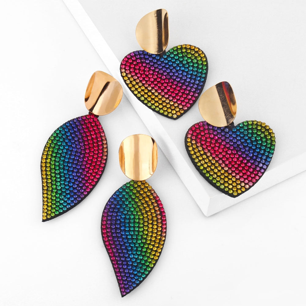 Rainbow Colors Heart Earrings For Women Alloy Leaf Big Drop Dangle Earrings