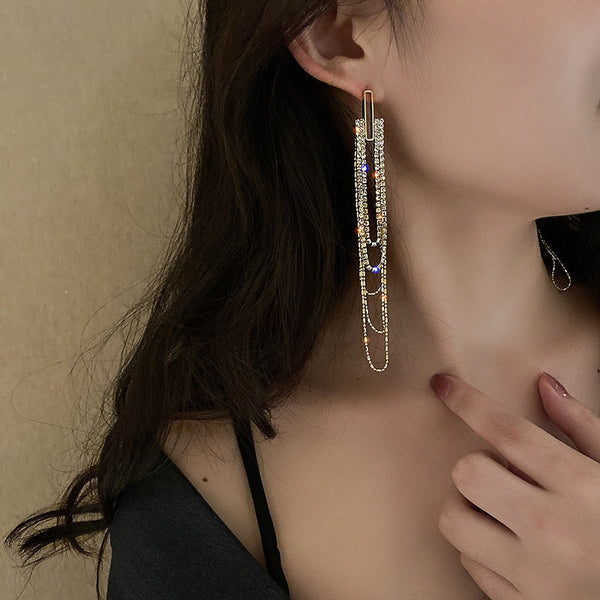 Long Tassel Rhinestone Earrings for Women Bijoux Geometric Crystal Dangle Earrings