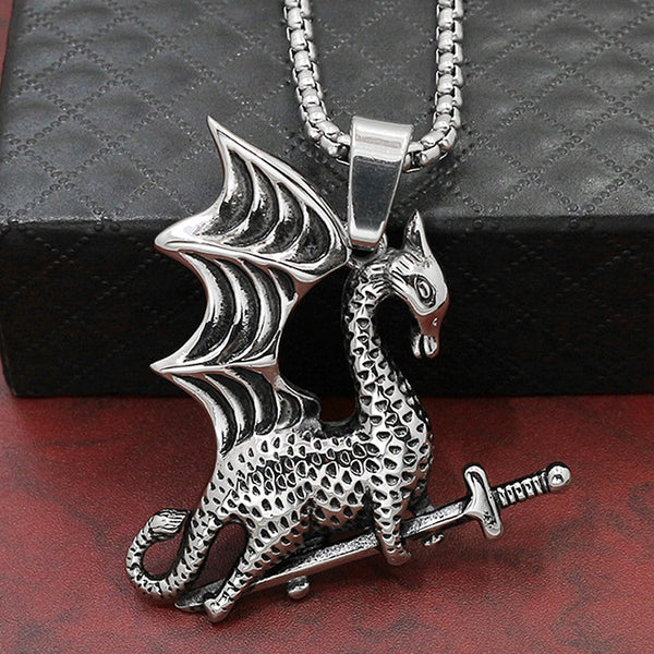 Vintage Stainless Steel Necklace Men's Viking Flying Dragon Pendant