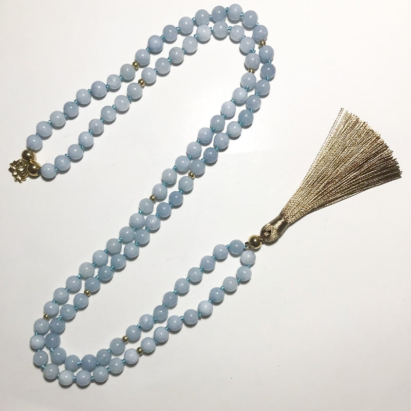 8mm Aquamarine Beaded Knotted Necklace 108Japamala Meditation Yoga Healing Blessing Jewelry Set