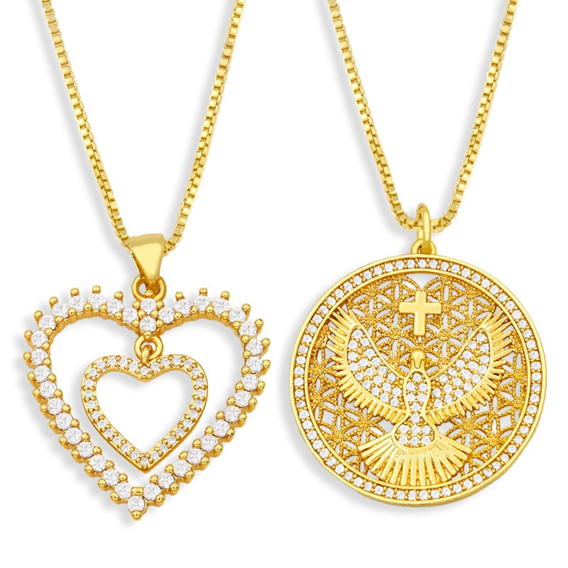 Double Heart Necklace For Women Round Hollow Eagle Cross Pendant Necklace