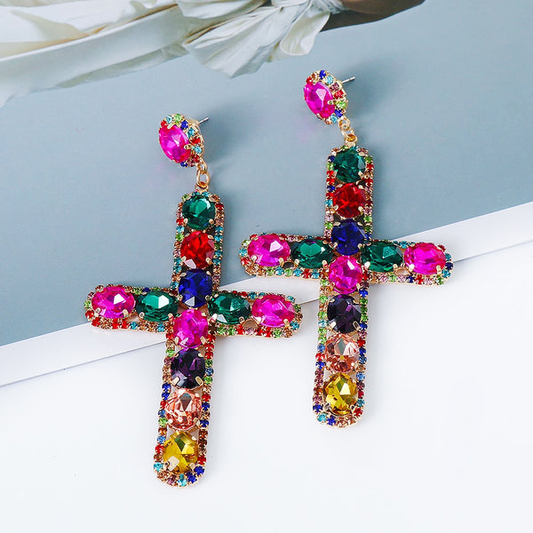 Long Retro Rhinestone Cross Earrings For Women