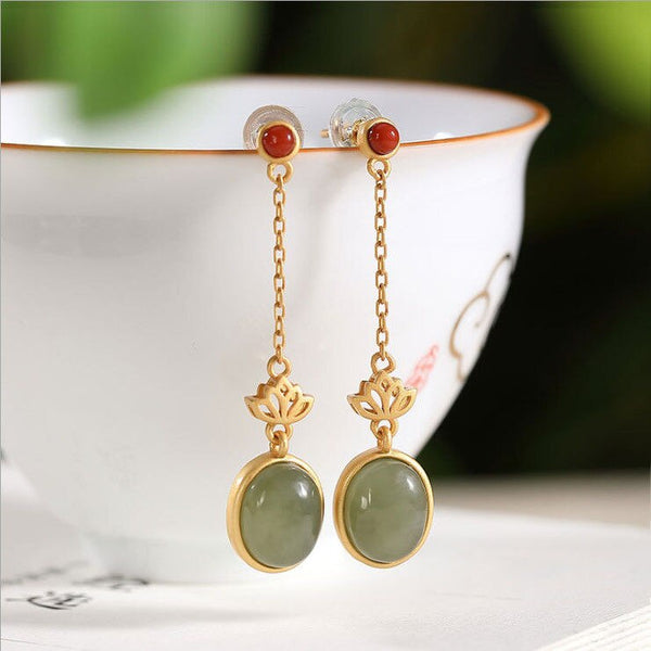 gold craftsmanship natural Hetian jade oval long lotus earrings