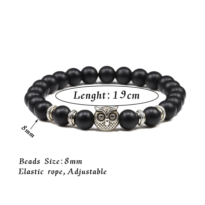 Owl Head Buddha 8mm Round Bead Bracelets Charm Natural Black Lava Volcanic Stone Bracelet