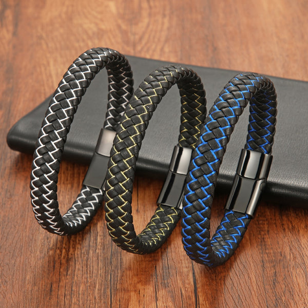 Punk Braided Blue Black Genuine Leather Bracelet for Men Women