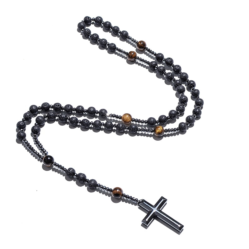 Black Lava Stone Yellow Tiger Eye Beaded Catholic Christ Cross Necklace