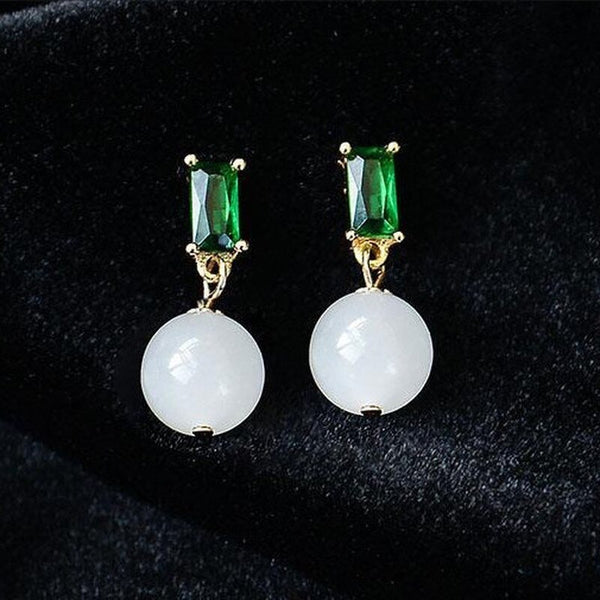 New Silver Natural Hetian white jade earrings emerald Earrings