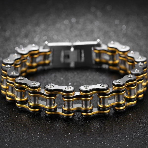 15MM Gold Plated Stainless Steel Motorcycle Bicycle Link Chain Bracelet Man