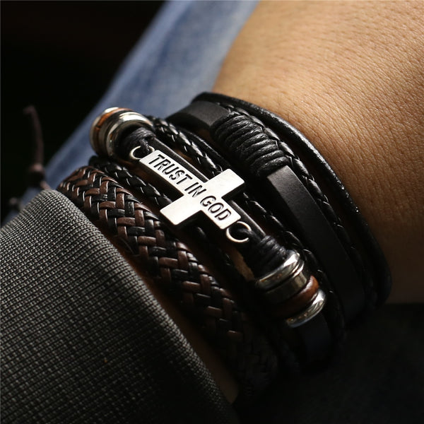 3 Pcs/Set Leather Bracelets Men Bangles For Women Wood Beads Feather TRUST IN GOD Cross