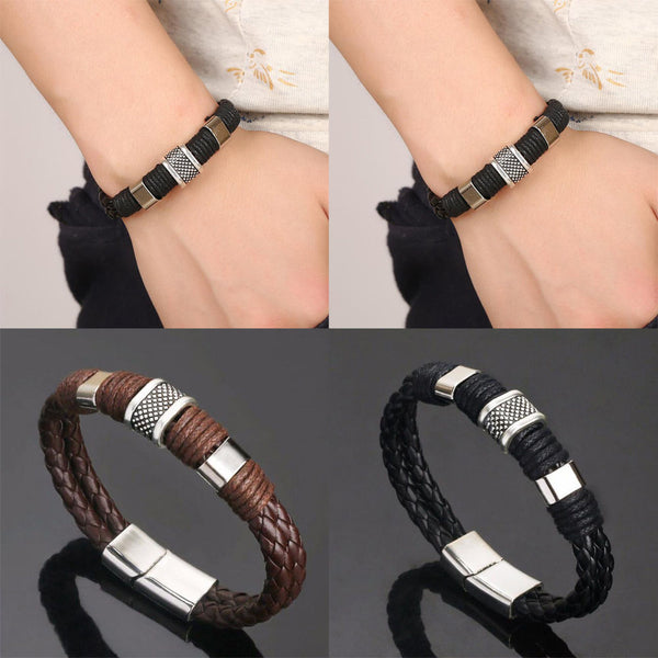 High Quality Stainless Steel Charm Bracelet Braided Black Brown Leather Bracelet