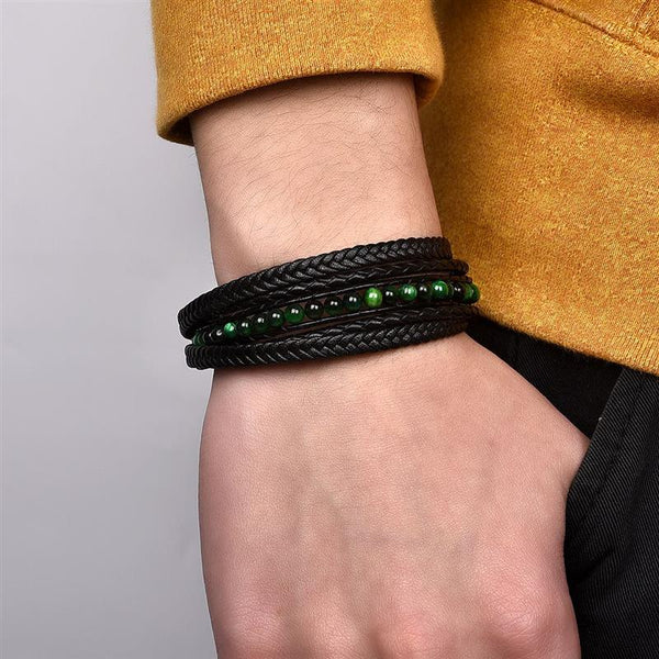 Men Bracelets Natural Stone Multilayer Leather Braided Bracelet