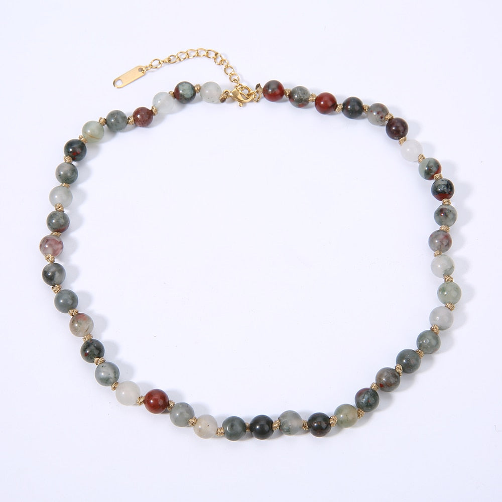 6mm Amazonite Tiger Eye Bloodstone Beaded Knotted Neck Necklace Women